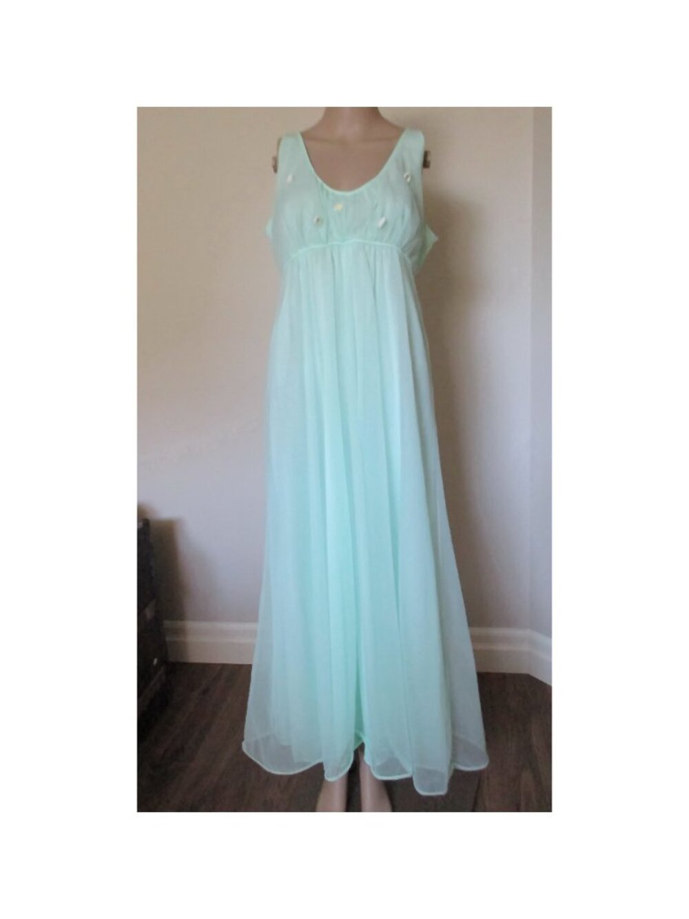 Vtg French Maid Nightgown Mint Green Size L Nylon Sheer Overlay - Picture 2 of 6